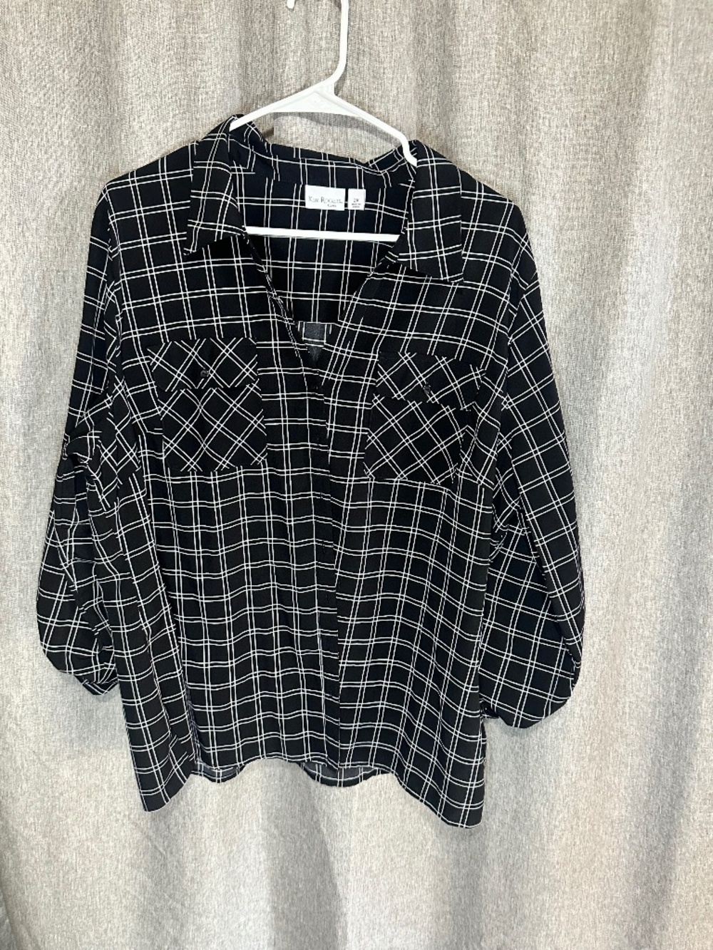 Kim Rogers Black & White Grid Plaid Button Down Blouse Top - Plus Size 2X